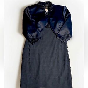 (16) Alex Evenings 2 pc Blue-Gray Satin & Chiffon Midi w/ Beaded Bolero